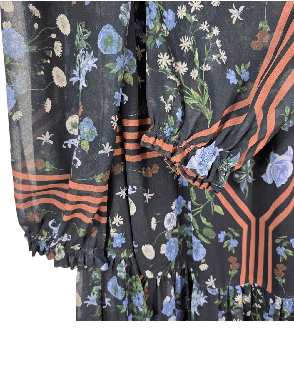 Wilfred Smocking upper Maxi Dress Blue Floral Print and Brown Stripe Accents - Picture 6 of 9